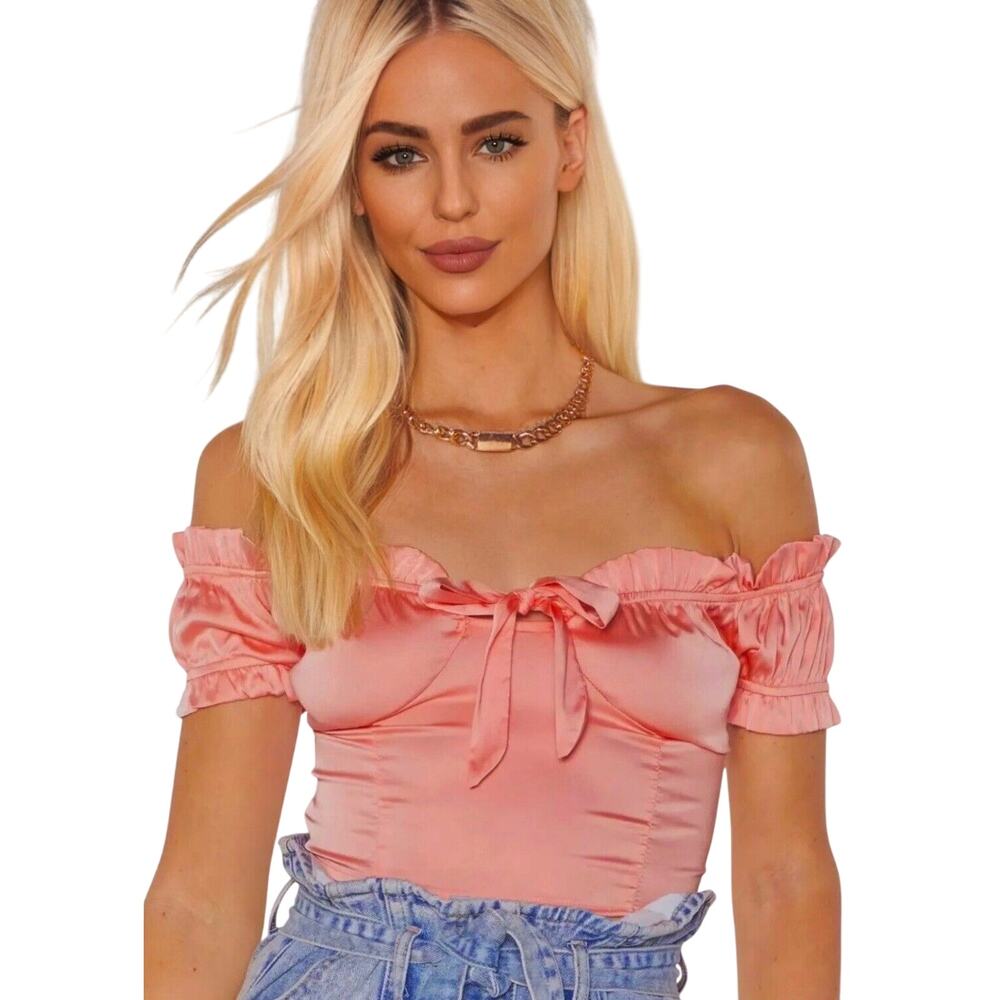 Nasty Gal Peachy Pink Satin Bodice Off Shoulder Crop Tie Close Ruffle Edge Top 6